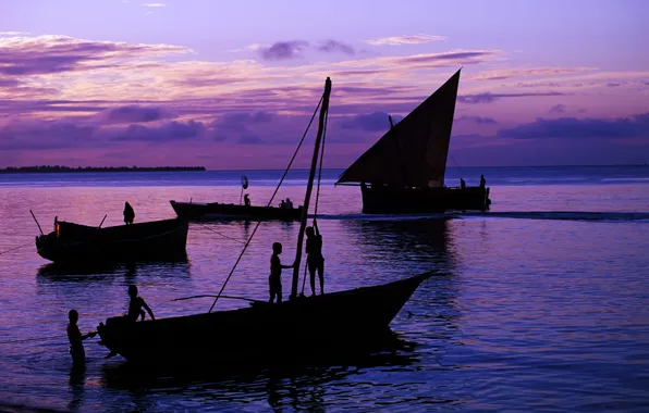 Sea, sunset, children, the ship