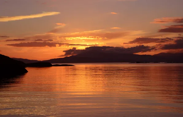 The sky, water, clouds, sunset, mountains, lake, river, hills