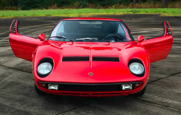 Red, Auto, Lamborghini, Retro, Machine, The hood, Eyelashes, 1969