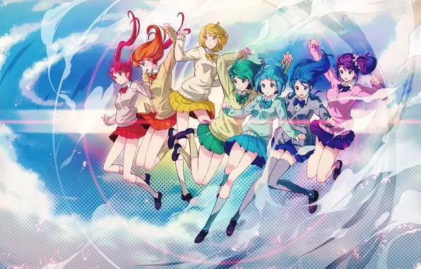 The sky, clouds, girls, rainbow, anime, art, form, Schoolgirls