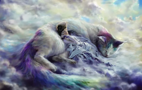 Cat, girl, clouds, fantasy, sleep, art