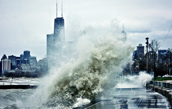 Wave, storm, skyscrapers, USA, Chicago, Chicago, Michigan