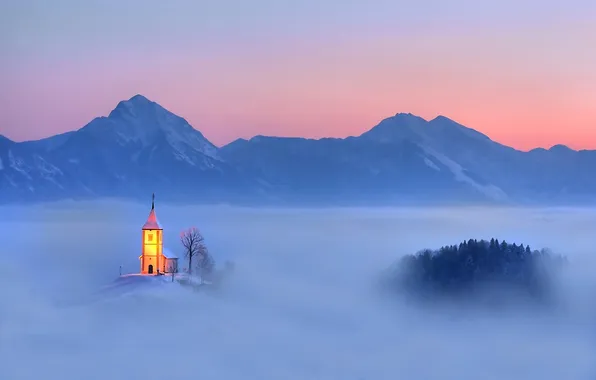 Picture mountains, lights, fog, Church