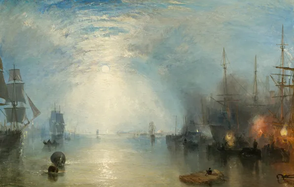 The sky, clouds, ships, picture, sail, seascape, William Turner, Keelmen Heaving in Coals by Moonlight