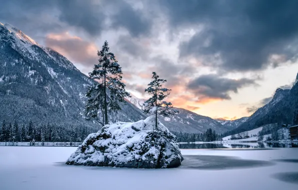 Winter, snow, trees, mountains, lake, island, Germany, Bayern