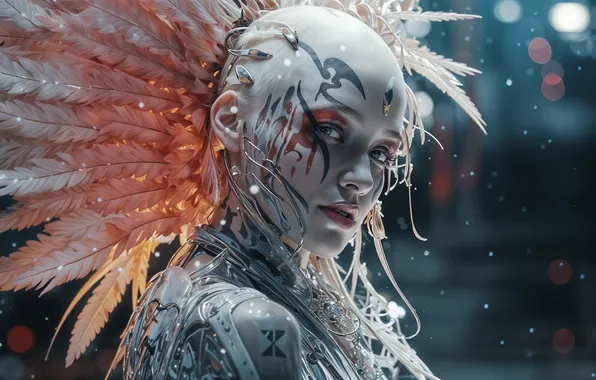 Girl, feathers, tattoo, AI art, neural network