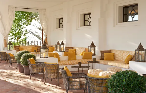Design, interior, sofas, terrace, tables, Mediterranean style