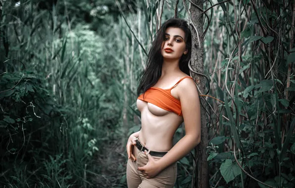 Chest, look, leaves, branches, sexy, pose, background, model