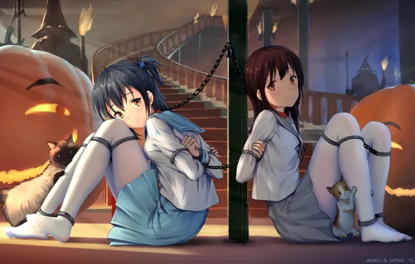 Girls, ladder, pumpkin, Halloween, chain, school uniform, hall, chained