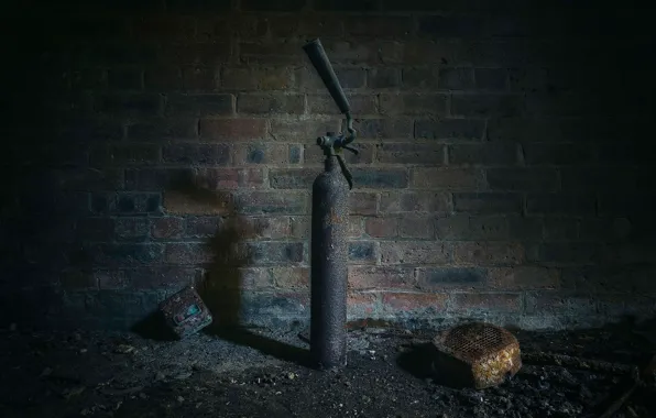 Rust, brick wall, a fire extinguisher