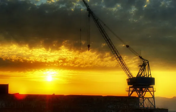 Sunset, Clouds, crane
