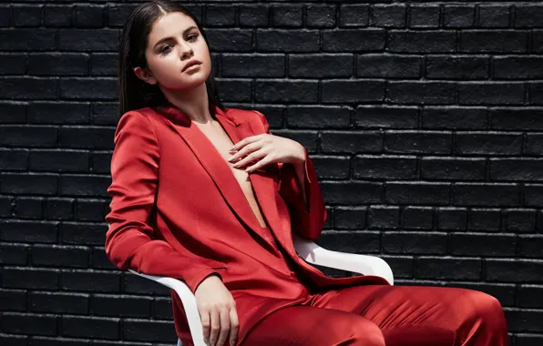 Sitting, celebrity, Selena Gomez, red suit