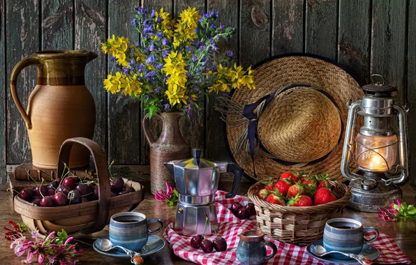 Flowers, style, berries, hat, strawberry, Cup, lantern, pitcher