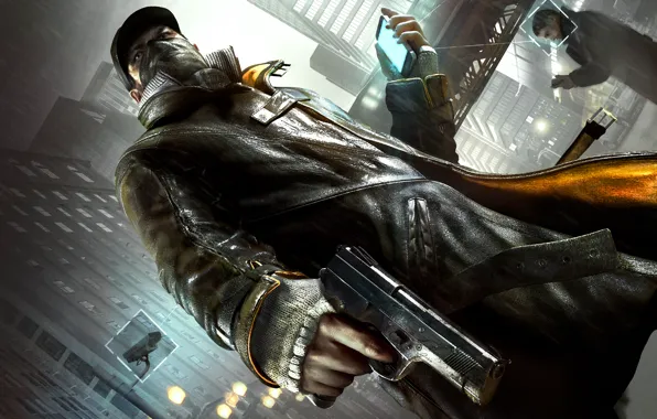 Look, the city, gun, weapons, mask, phone, Watch Dogs, Aiden Pearce