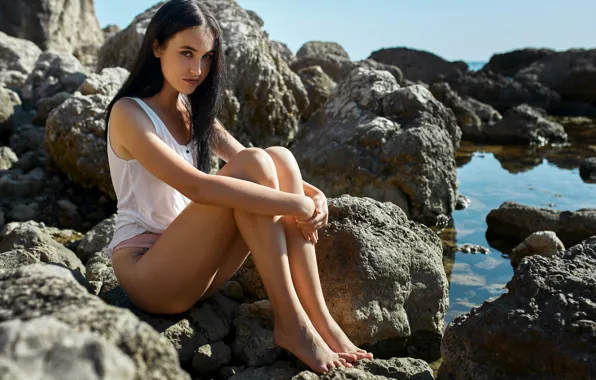 Sea, look, the sun, sexy, pose, shore, model, panties
