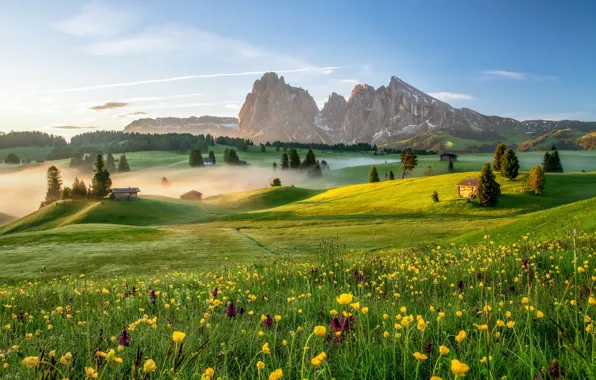 Picture mountains, fog, morning, Italy, The Dolomites, The Alpe di Siusi