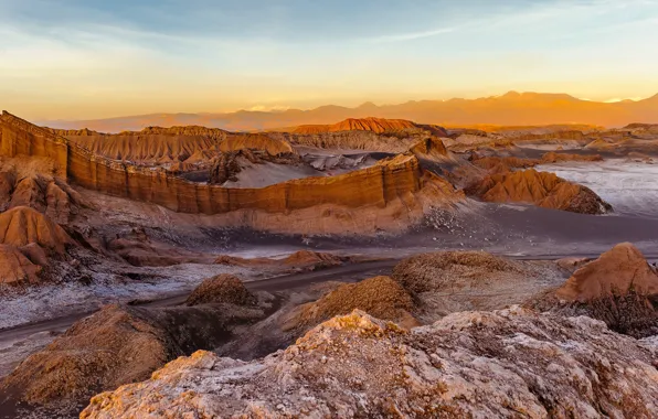 Road, desert, sunset, mountains, horizon, Chile, South America, San Pedro de Atacama