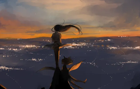 Picture the sky, girl, the wind, hair, anime, art