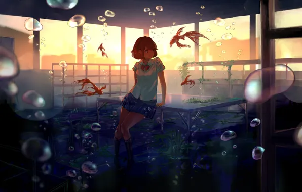 Girl, fish, sunset, smile, bubbles, anime, art, form