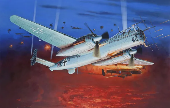 Picture art, twin-engine, piston, night fighter, Heinkel, Heinkel, He-219, Filin