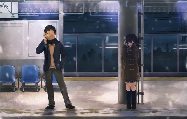 Picture girl, snow, emotions, art, the platform, guy, the conversation, cell phone