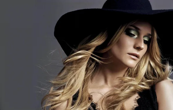 Look, girl, grey, background, actress, hat, down, Diane Kruger
