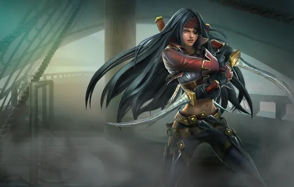 Picture girl, fog, ship, headband, knives, pirates, daggers, league of legends