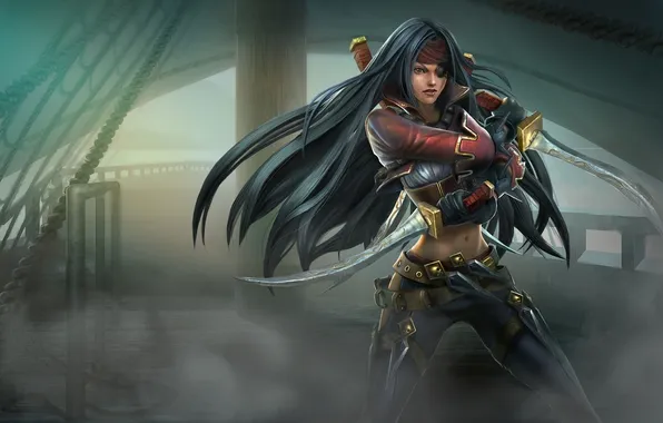 Girl, fog, ship, headband, knives, pirates, daggers, league of legends