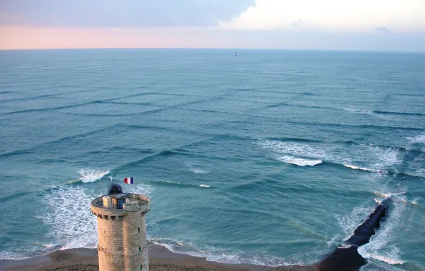 Picture wave, the ocean, France, tower, flag, horizon