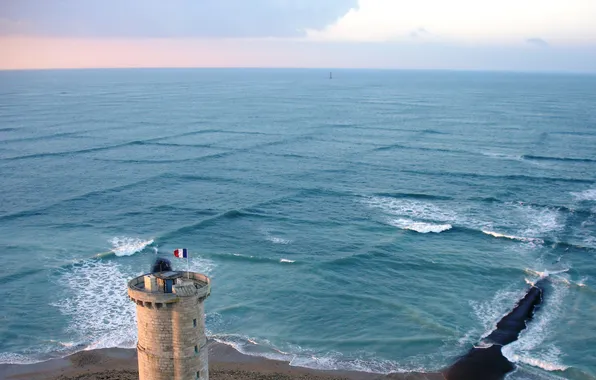 Wave, the ocean, France, tower, flag, horizon