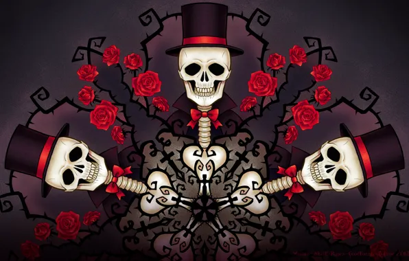 Skull, Pattern, Roses, Abstraction