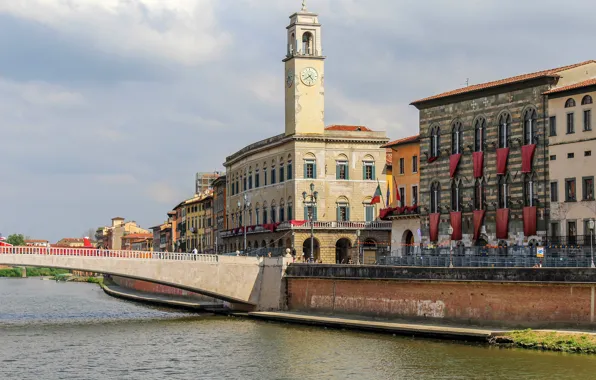 The sky, the sun, clouds, bridge, river, home, Italy, channel