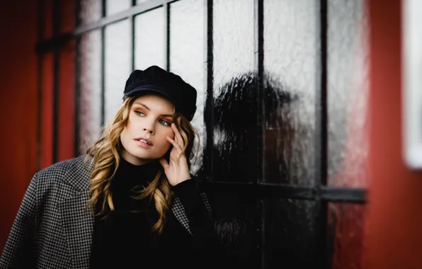 Look, girl, pose, model, portrait, hands, cap, curls