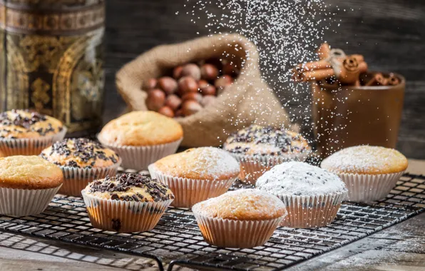 Nuts, cupcakes, powdered sugar, muffins, Omcream