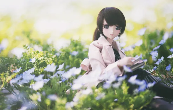 Flowers, doll, brunette, meadow