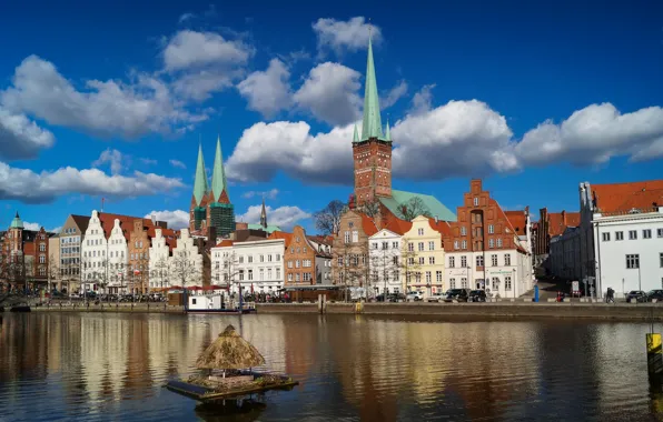 Picture river, home, Germany, Lubeck, spire