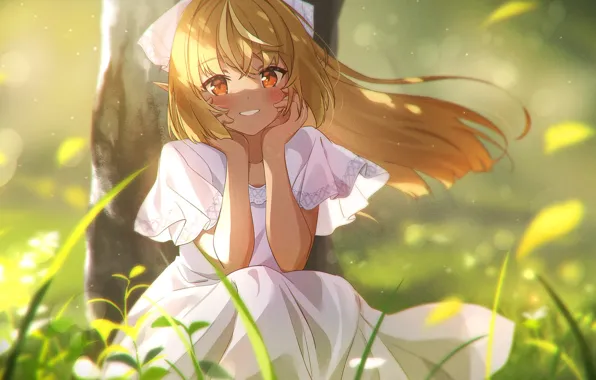 Girl, Sunny, white dress, long hair, bokeh, yellow eyes, breeze, under the tree