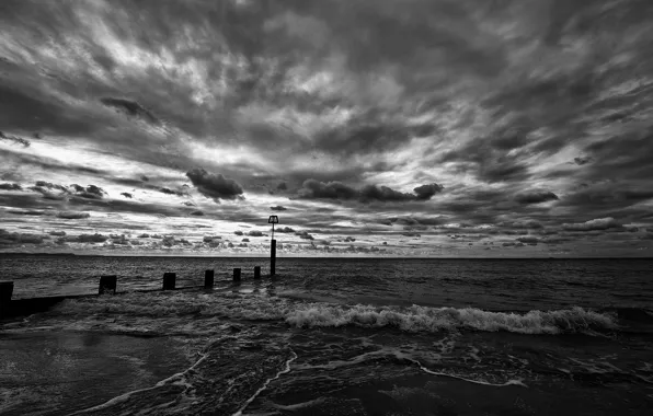 Wave, the sky, water, clouds, Beach, horizon, black and white