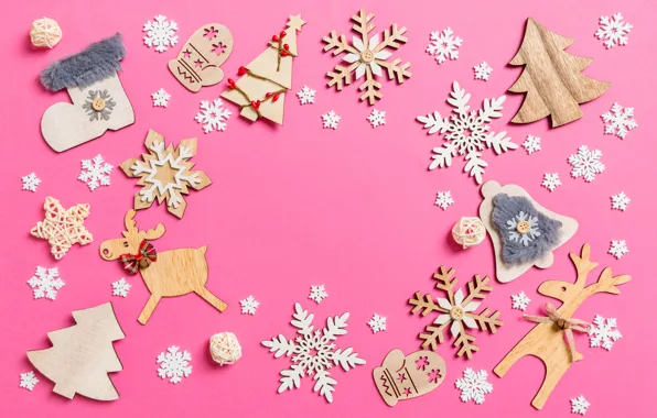 Snowflakes, background, pink, toys, Christmas, figures, Sosiukin