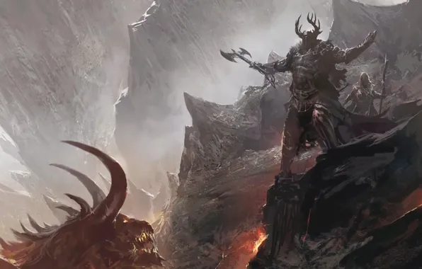 Mountains, the demon, lava, helmet, axe, warriors, Horny