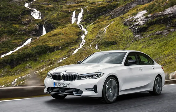 Picture Car, Waterfall, Road, BMW 3-Series, 2019