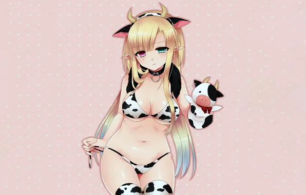 Girl, sexy, cleavage, thighhighs, horns, long hair, boobs, animal ears