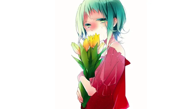 Picture yellow, tears, tulips, white background, blouse, vocaloid, green hair, art