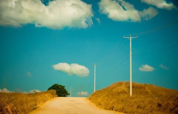 Road, the sky, clouds, tree, the countryside, solar, power lines