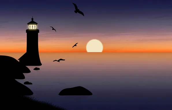 Picture sea, the sky, the sun, sunset, birds, lighthouse, vector, horizon