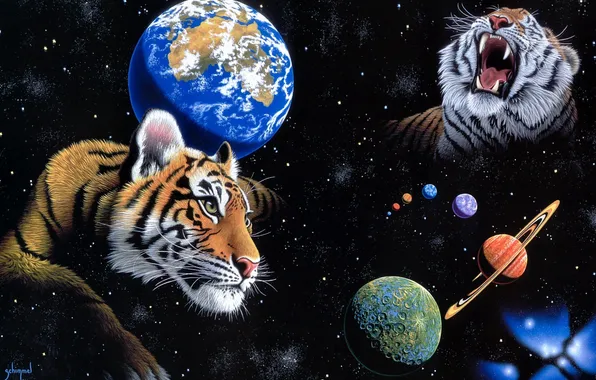 Picture space, planet, art, Earth, tigers, William Schimmel