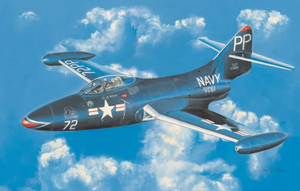 Picture war, art, painting, aviation, jet, Grumman F9F Panther