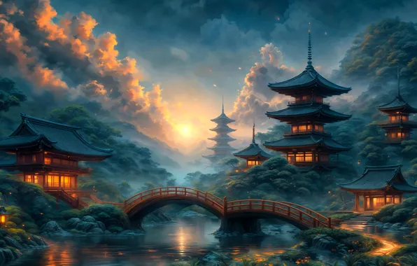 Winter, clouds, river, beauty, digital art, snow, japanese architecture