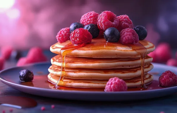 Berries, raspberry, table, blueberries, stack, dish, syrup, pancakes