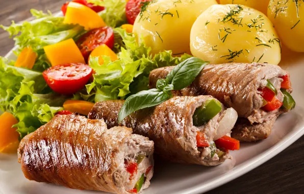 Picture greens, meat, vegetables, tomatoes